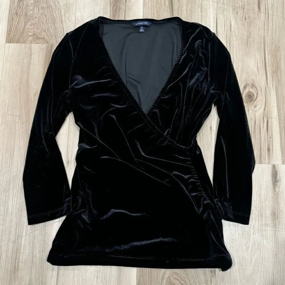 Land’s End Black Velvet Wrap Top Blouse Women’s Small